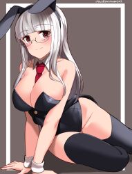 Rule 34 | 1girl, absurdres, animal ears, black leotard, black thighhighs, blunt bangs, blush, breasts, chinese zodiac, cleavage, closed mouth, collarbone, detached collar, fake animal ears, glasses, heidimarie w. schnaufer, highres, hiroshi (hunter-of-kct), large breasts, leotard, long hair, looking at viewer, necktie, rabbit ears, red eyes, red necktie, signature, smile, solo, thighhighs, white hair, world witches series, wrist cuffs, year of the rabbit