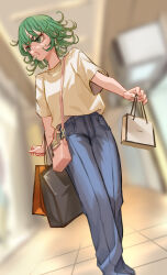 Rule 34 | 1girl, bag, commentary request, curly hair, denim, dutch angle, earrings, eyelashes, green eyes, green hair, handbag, highres, jeans, jewelry, mamaroa, one-punch man, pants, parted lips, short hair, solo, tatsumaki