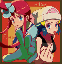 Rule 34 | &gt;:(, 2girls, :p, back-to-back, beanie, blue eyes, blue hair, character name, creatures (company), dawn (pokemon), game freak, gloves, gym leader, hair ornament, hat, long hair, looking at viewer, middle finger, multiple girls, nakaba, nintendo, open mouth, outstretched arm, pokemon, pokemon bw, pokemon dppt, red hair, scarf, skyla (pokemon), tongue, tongue out, upper body, v-shaped eyebrows