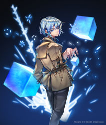 Rule 34 | 1boy, blue hair, closed mouth, coat, english text, floating, floating object, hair between eyes, hero cantare, highres, khun aguero agnis, long sleeves, looking at viewer, looking back, official art, simple background, smile, standing, tower of god, trench coat, yagaaaa