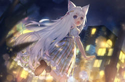 Rule 34 | 1girl, animal ear fluff, animal ears, blue eyes, building, cat ears, cat tail, child, dress, fang, hair between eyes, hair ornament, hair ribbon, long hair, looking at viewer, night, observerz, open mouth, original, outdoors, ribbon, skin fang, solo, tail, very long hair, white hair