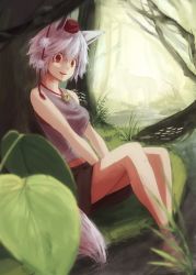 Rule 34 | 1girl, animal ears, bare arms, bare shoulders, barefoot, breasts, hat, inubashiri momiji, kirisame tarou, looking at viewer, midriff, nature, open mouth, red eyes, short hair, silver hair, sitting, soaking feet, solo, tail, tokin hat, touhou, tree, v arms, water, wolf ears, wolf tail