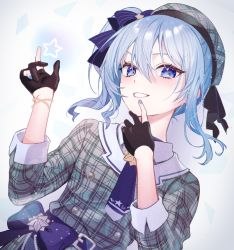 Rule 34 | 1girl, akaike, belt, beret, black gloves, blue belt, blue bow, blue eyes, blue hair, blue nails, blue necktie, bow, breasts, gloves, grey hat, grey shirt, grin, hair between eyes, hands up, hat, hololive, hoshimachi suisei, hoshimachi suisei (1st costume), long sleeves, looking at viewer, nail polish, necktie, partially fingerless gloves, plaid, plaid headwear, plaid shirt, shirt, smile, solo, star (symbol), star in eye, symbol in eye, upper body, virtual youtuber