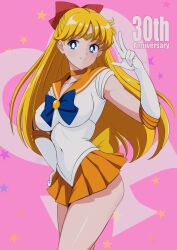 Rule 34 | 1girl, absurdres, aino minako, back bow, baji toufuu (bajitohfu), bishoujo senshi sailor moon, blonde hair, blue bow, blue eyes, bow, breasts, brooch, choker, circlet, commentary request, covered navel, cowboy shot, elbow gloves, gloves, hair bow, half updo, highres, jewelry, leotard, long hair, looking at viewer, medium breasts, miniskirt, orange choker, orange gemstone, orange sailor collar, orange skirt, pink background, pleated skirt, red bow, sailor collar, sailor senshi uniform, sailor venus, skirt, smile, solo, tiara, v, venus symbol, w, white gloves, white leotard, yellow bow