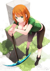 Rule 34 | 1girl, alex (minecraft), artist name, belt, blonde hair, boots, braid, breasts, cleavage, cobblestone, eyebrows, grass, green eyes, green shirt, highres, large breasts, looking at viewer, minecraft, multicolored hair, orange hair, pants, pickaxe, ponytail, re lucy, shirt, short, short shorts, short sleeves, shorts, simple background, smile, standing, stone, streaked hair, tied shirt, white background