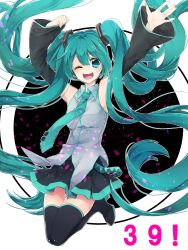 Rule 34 | 15 (cat0215), 1girl, 39, aqua eyes, aqua hair, arms up, black footwear, black thighhighs, boots, detached sleeves, full body, hatsune miku, highres, long hair, necktie, one eye closed, open mouth, skirt, solo, thigh boots, thighhighs, twintails, very long hair, vocaloid, zettai ryouiki