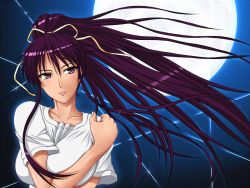 Rule 34 | hair ribbon, kanzaki kaori, long hair, makoto (mk10), moon, purple eyes, ribbon, shirt, solo, string, toaru majutsu no index, very long hair