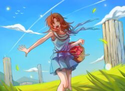 1girl :d ancient_ys_vanished apple arkibk basket blue_dress blue_sky brown_eyes brown_hair cloud commentary dress feet_out_of_frame food frilled_dress frills fruit fruit_basket highres holding holding_basket horizon lilia_(ys) long_hair on_grass open_mouth outdoors outstretched_arm pillar simple_bird sky smile solo standing ys