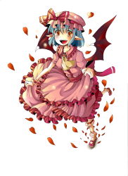 Rule 34 | 1girl, absurdres, ascot, bad id, bad pixiv id, blue hair, bow, collarbone, demon wings, female focus, frilled socks, frills, fumiko (miruyuana), hat, hat bow, highres, jewelry, open mouth, petals, pointy ears, red eyes, remilia scarlet, resized, short hair, socks, solo, touhou, upscaled, wings, wrist cuffs