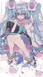 Rule 34 | 1girl, absurdres, bare legs, black footwear, black skirt, blue eyes, blue flower, blue hair, blue rose, commentary, copyright request, dress, flower, full body, hair flower, hair ornament, hatsune miku, hatsune tenchikaibyaku shinwa (vocaloid), high heels, highres, long hair, looking at viewer, magical mirai (vocaloid), magical mirai miku, magical mirai miku (2021), orange flower, pink flower, pink rose, pleated skirt, purple flower, purple rose, rose, sitting, skirt, smile, socks, solo, symbol-only commentary, taowu (20809), twintails, vocaloid, white dress, white flower, white rose, white socks, wide sleeves