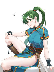 Rule 34 | 1girl, absurdres, arjent, black gloves, blue dress, blush, boots, breasts, closed mouth, dress, earrings, fingerless gloves, fire emblem, fire emblem: the blazing blade, gloves, green eyes, green hair, hair between eyes, high ponytail, highres, jewelry, long hair, looking at viewer, lyn (fire emblem), nintendo, pelvic curtain, ponytail, scabbard, sheath, sheathed, short sleeves, side slit, simple background, sitting, small breasts, solo, sword, weapon, white background