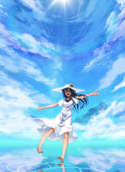 Rule 34 | 1girl, barefoot, blue eyes, blue hair, bra, cloud, day, din (flypaper), dress, feet, flower, hat, lens flare, lingerie, long hair, matching hair/eyes, open mouth, original, outstretched arms, reflection, ripples, sky, smile, solo, spread arms, standing, standing on liquid, sun, sun hat, sundress, underwear, water, water world, white dress