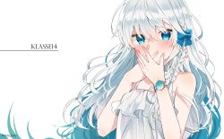 Rule 34 | 1girl, bad id, bad twitter id, bare shoulders, blue eyes, blue hair, blush, braid, commentary request, covering own mouth, dress, hair between eyes, hands up, highres, ikeuchi tanuma, long hair, looking at viewer, off shoulder, original, own hands together, simple background, watch, white background, white dress, wristwatch