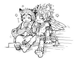 Rule 34 | 2boys, animal ears, barefoot, braid, child, commentary, earrings, eating, fiery horns, flower, food, full body, furry, furry male, hatching (texture), holding, holding food, holding ice cream, horns, ice cream, jewelry, kensan (isizakirie), licking lips, linear hatching, lion boy, lion ears, looking at another, male focus, multiple boys, red panda boy, red panda ears, red panda tail, shoes, sitting, sitting on stairs, sketch, sphinx (housamo), stairs, thick eyebrows, tokyo houkago summoners, tongue, tongue out, white background, wings, zhurong (housamo)
