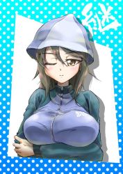 Rule 34 | 1girl, ;), blue hat, blue jacket, breast hold, breasts, brown eyes, brown hair, closed mouth, commentary request, crossed arms, girls und panzer, hat, jacket, keizoku military uniform, long hair, long sleeves, looking at viewer, mika (girls und panzer), military, military uniform, one eye closed, polka dot, polka dot background, raglan sleeves, shadow, smile, solo, track jacket, tulip hat, uniform, upper body, yamakake (tororo1293), zipper