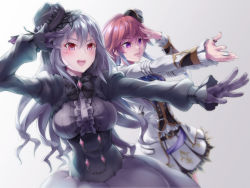 Rule 34 | 2girls, :d, black dress, blue hair, blush, breasts, brown hair, commentary request, dark illuminate, dress, gloves, grey hair, hat, highres, idolmaster, idolmaster cinderella girls, idolmaster cinderella girls starlight stage, kanzaki ranko, kokutou, large breasts, long hair, multicolored hair, multiple girls, ninomiya asuka, open mouth, outstretched hand, purple eyes, purple gloves, red eyes, skirt, smile, thumb ring, twintails, two-tone hair