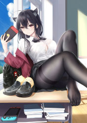Rule 34 | &gt; &lt;, 1girl, absurdres, ahoge, animal ear fluff, animal ears, azur lane, bag, black bag, black bow, black bowtie, black footwear, black hair, black pantyhose, black skirt, blue sky, book, book stack, bow, bowtie, bra, bra peek, bra visible through clothes, breasts, button gap, cat ears, classroom, closed mouth, cloud, collared shirt, crossed bangs, day, desk, feet, foot out of frame, glasses, hair between eyes, handheld game console, highres, holding, holding handheld game console, honolulu (azur lane), huge ahoge, indoors, jacket, kemonomimi mode, knee up, large breasts, leaning back, leg up, loafers, long hair, long sleeves, looking at object, manjuu (azur lane), miniskirt, off shoulder, official alternate costume, on desk, open clothes, open jacket, pantyhose, pleated skirt, red eyes, red jacket, revision, rimless eyewear, round eyewear, school bag, school uniform, see-through, see-through legwear, see-through shirt, shigatsu (4gate), shirt, shirt tucked in, shoes, unworn shoes, sidelocks, sitting, skirt, sky, smile, solo, sunlight, taihou (azur lane), taihou (sweet time after school) (azur lane), taut clothes, taut shirt, thighs, underwear, white bra, window