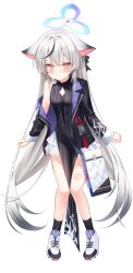 Rule 34 | 1girl, animal ears, bag, black dress, black jacket, blue archive, blush, breasts, closed mouth, commentary, dress, full body, grey hair, hair between eyes, halo, highres, jacket, kokona (blue archive), long hair, long sleeves, looking at viewer, orange eyes, pelvic curtain, pout, rangtori, shoes, simple background, skirt, small breasts, sneakers, solo, standing, striped clothes, striped dress, striped jacket, tears, thighs, vertical-striped clothes, vertical-striped dress, vertical-striped jacket, very long hair, white background, white footwear, white skirt