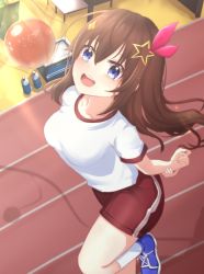 Rule 34 | absurdres, arms behind back, artist request, blue eyes, breasts, brown hair, collarbone, from above, gym shirt, gym shorts, gym uniform, hair ornament, highres, hololive, looking up, medium breasts, medium hair, open mouth, shirt, shorts, straight hair, teeth, thighs, tokino sora, tongue, virtual youtuber