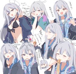 Rule 34 | 1girl, absurdres, aqua shirt, bikini, black bikini, black jacket, black necktie, blue archive, blue shirt, breasts, chopsticks, collared shirt, eating, grey eyes, grey hair, grey halo, halo, hawaiian shirt, highres, holding, holding chopsticks, jacket, konoka (blue archive), long hair, looking at viewer, loose necktie, mask, mask around neck, mask pull, medium breasts, mouth mask, multiple views, necktie, open clothes, open jacket, open mouth, shirt, solo, surgical mask, swimsuit, translation request, unworn mask, v, white background, white mask, youbi (0ver sd)