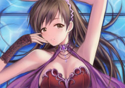 Rule 34 | 1girl, bare shoulders, breasts, cleavage, fingerless gloves, gloves, idolmaster, idolmaster cinderella girls, jewelry, large breasts, long hair, looking at viewer, lying, nannacy7, necklace, nitta minami, smile, solo