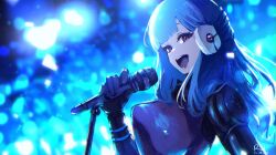 Rule 34 | 1girl, :d, absurdres, blue hair, covered erect nipples, dated, from side, headphones, highres, holding, holding microphone, kira miki, long hair, looking at viewer, mechanical arms, microphone, microphone stand, open mouth, purple eyes, purple shirt, rnna, shirt, signature, single mechanical arm, smile, solo, teeth, upper body, upper teeth only, va-11 hall-a