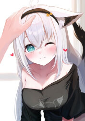 Rule 34 | 1girl, ahoge, all fours, animal ear fluff, animal ears, black shirt, blurry, blurry background, blush, braid, breasts, collarbone, commentary request, earrings, ears down, fox ears, fox girl, fox tail, green eyes, hair between eyes, hand on another&#039;s head, heart, hololive, jewelry, katouomochi, long hair, looking at viewer, medium breasts, one eye closed, pov, pov hands, shirakami fubuki, shirakami fubuki (loungewear), shirt, sidelocks, single braid, smile, tail, virtual youtuber, white hair