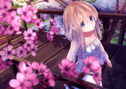 Rule 34 | 1girl, ahoge, bad id, bad pixiv id, blonde hair, blue eyes, bridge, cherry blossoms, chinomaron, collarbone, dress, eyebrows, floral print, from side, hair between eyes, long sleeves, looking at viewer, original, outdoors, river, short hair with long locks, smile, solo, strapless, strapless dress, tree, wooden bridge