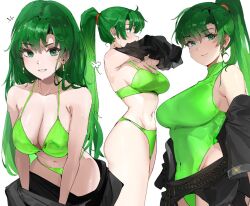 Rule 34 | 1girl, alternate costume, alternate hairstyle, bikini, breasts, commentary, earrings, english commentary, fire emblem, fire emblem: the blazing blade, green bikini, green eyes, green hair, green one-piece swimsuit, hair down, high ponytail, jewelry, large breasts, long hair, looking at viewer, lyn (fire emblem), nintendo, one-piece swimsuit, ormille, ponytail, solo, swimsuit, very long hair, wet