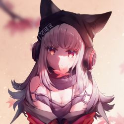 Rule 34 | 1girl, animal ears, arknights, backlighting, beanie, blurry, blurry background, branch, breasts, coat, commentary request, detached collar, detached sleeves, ears through headwear, fox ears, fox girl, frostleaf (arknights), gradient background, grey shirt, happy birthday, hat, head tilt, headphones, highres, hisaya kii, in mouth, leaf, light blush, light particles, long hair, looking at viewer, maple leaf, off-shoulder shirt, off shoulder, red coat, red eyes, shade, shirt, sidelocks, solo, upper body, white hair