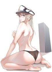 Rule 34 | 1girl, ass, ayakumo, back, black panties, blonde hair, blue eyes, breasts, covering privates, covering breasts, graf zeppelin (kancolle), hat, highres, kantai collection, long hair, medium breasts, panties, peaked cap, simple background, sitting, soles, solo, topless, twintails, underwear, white background