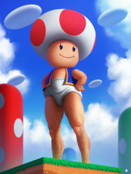 Rule 34 | 1boy, bare legs, blue sky, blue vest, blurry, blurry background, briefs, brown eyes, closed mouth, cloud, day, grass, hairy, hands on own hips, happy, highres, leg hair, legs, male focus, male underwear, marc pi, mario (series), nintendo, open clothes, open vest, outdoors, realistic, sky, smile, solo, standing, super mario bros. 1, toad (mario), underwear, vest, watermark, white male underwear
