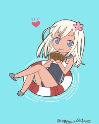 Rule 34 | 10s, 1girl, afloat, ahoge, blue eyes, blush, chibi, coconut, covered navel, crop top, double vertical stripe, drinking, drinking straw, flat chest, flat color, flower, from above, fruit cup, full body, hair flower, hair ornament, heart, highres, kantai collection, lifebuoy, long hair, looking at viewer, mae (maesanpicture), one-piece swimsuit, ripples, ro-500 (kancolle), sailor collar, school swimsuit, shoe dangle, sleeveless, slippers, solo, swim ring, swimsuit, swimsuit under clothes, tan, tanline, twitter username, water, white hair