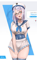 Rule 34 | 1girl, absurdres, belt, blue bow, blue sailor collar, blush, boots, bow, brown gloves, collar, collarbone, commentary, dress, english commentary, fluffyebi01, from above, full body, glasses, gloves, goddess of victory: nikke, green eyes, gun, hair bow, hair ornament, hairclip, highres, long hair, looking at viewer, neon (nikke), open mouth, pleated skirt, pouch, sailor collar, short sleeves, skirt, standing, thigh boots, weapon, white dress, white footwear, white hair, white headwear