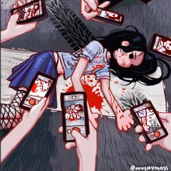 Rule 34 | 1girl, black eyes, black hair, black panties, blood, blood on clothes, blood on face, blue skirt, cellphone, commentary, corpse, death, english commentary, fishnet thighhighs, fishnets, grey shirt, highleg, highleg panties, highres, holding, holding phone, long hair, lying, mushymoss, on ground, on side, original, out of frame, panties, parted lips, phone, shirt, short sleeves, skirt, smartphone, solo focus, surrounded, taking picture, thighhighs, skid mark, twitter username, underwear