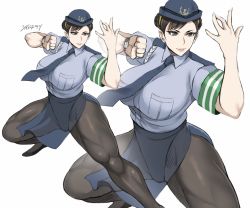 Rule 34 | 1girl, braid, breasts, brown hair, capcom, chun-li, double bun, female service cap, fighting stance, hat, large breasts, muscular, muscular female, pantyhose, pelvic curtain, police, police hat, police uniform, policewoman, shibusun, smile, solo, street fighter, thick thighs, thighs, uniform, watch