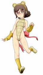 Rule 34 | 1girl, animal ears, areola slip, bare shoulders, beargguy iii, beargguy iii (cosplay), blush, breasts, brown eyes, brown hair, cameltoe, cleft of venus, clenched hand, cosplay, covered erect nipples, fake animal ears, fingerless gloves, glasses, gloves, gundam, gundam build fighters, highres, kousaka china, over-rim eyewear, partially visible vulva, red-framed eyewear, semi-rimless eyewear, short hair, sideboob, simple background, smile, solo, thighs, tof, white background