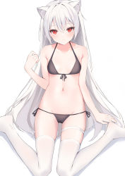 Rule 34 | 1girl, absurdres, animal ear fluff, animal ears, bare arms, bare shoulders, bikini, black bikini, black ribbon, blush, breasts, cat ears, closed mouth, collarbone, front-tie bikini top, front-tie top, gradient background, grey background, groin, hand up, highres, long hair, looking at viewer, navel, no shoes, original, red eyes, ribbon, side-tie bikini bottom, silver hair, simple background, sitting, small breasts, solo, stomach, swimsuit, thigh strap, thighhighs, very long hair, wariza, white background, white thighhighs, xiao lin jiu