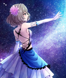 Rule 34 | 1girl, arm at side, arm up, armlet, armpits, backless dress, backless outfit, bare back, bare shoulders, blush, breasts, circuit58, dress, elbow gloves, flower, frills, from side, gloves, green eyes, hair flower, hair ornament, idolmaster, idolmaster cinderella girls, jewelry, layered dress, light particles, medium breasts, necklace, parted lips, pink flower, profile, short hair, shoulder blades, solo, sparkle, takagaki kaede, white dress, white gloves