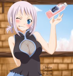 Rule 34 | 1girl, 2015, absurdres, arm behind back, arm up, artist request, blue eyes, blush, breasts, claudia dragneel, cleavage, cleavage cutout, dress, fairy tail, female focus, happy, highres, large breasts, lisanna strauss, looking at viewer, one eye closed, parted lips, short hair, silver hair, solo, standing, teeth, wink