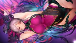 Rule 34 | 1girl, arms up, breasts, fairy wings, fire emblem, fire emblem heroes, grey hair, long hair, nintendo, nyc, parted lips, plant, plumeria (fire emblem), pointy ears, ponytail, red eyes, sleeveless, solo, vines, wings