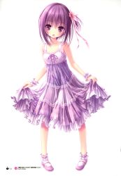 Rule 34 | 10s, 1girl, absurdres, collar, dress, flat chest, hair ribbon, highres, long hair, minato tomoka, open mouth, pink ribbon, purple dress, purple eyes, purple hair, ribbon, rou-kyuu-bu!, see-through silhouette, simple background, skirt hold, solo, tinker bell (pixiv 10956015), white background