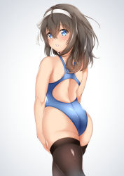 Rule 34 | 10s, 1girl, ass, bad id, bad pixiv id, black hair, black thighhighs, blue eyes, blue one-piece swimsuit, competition swimsuit, cowboy shot, from behind, hairband, highres, idolmaster, idolmaster cinderella girls, long hair, looking at viewer, one-piece swimsuit, parted lips, sagisawa fumika, simple background, solo, spicy moo, swimsuit, thighhighs, white background, white hairband