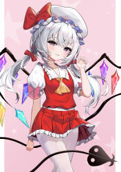 Rule 34 | 1girl, absurdres, ascot, azur lane, bow, breasts, chinese commentary, collarbone, collared shirt, commentary request, cosplay, cowboy shot, crystal, flandre (azur lane), flandre scarlet, flandre scarlet (cosplay), frilled shirt collar, frilled sleeves, frills, hair between eyes, hair bow, hair ornament, hand up, hat, hat ribbon, head tilt, highres, laevatein (touhou), long hair, looking at viewer, low twintails, mob cap, name connection, niballl, pantyhose, parted lips, pleated skirt, puffy short sleeves, puffy sleeves, purple eyes, red skirt, red vest, ribbon, shirt, short sleeves, sidelocks, skirt, skirt set, small breasts, smile, solo, standing, star (symbol), starry background, tail, thighband pantyhose, touhou, twintails, vest, white hair, white hat, white pantyhose, white shirt, wings, yellow ascot