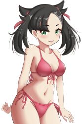 Rule 34 | 1girl, absurdres, asymmetrical bangs, bad hands, bikini, black hair, breasts, collarbone, cowboy shot, creatures (company), game freak, green eyes, hair ribbon, highres, looking at viewer, maho (corotonton5150), marnie (pokemon), navel, nintendo, open mouth, pink bikini, pokemon, pokemon swsh, ribbon, side-tie bikini bottom, simple background, small breasts, smile, solo, stomach, swimsuit, twintails, undercut, white background