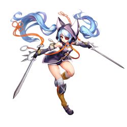 Rule 34 | 1girl, animal hood, artificial hero, blue hair, cat hood, detached sleeves, dual wielding, eyepatch, full body, game cg, hair through headwear, highres, holding, hood, kakiman, last origin, light blue hair, long hair, looking at viewer, official art, red eyes, revision, solo, sword, tachi-e, tachi (artificial hero), transparent background, twintails, very long hair, weapon
