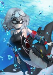 Rule 34 | 1girl, absurdres, air bubble, black hair, breasts, bubble, choker, commentary request, competition swimsuit, grey hair, hair ornament, hairclip, heart, heart choker, highres, hololive, holox, jacket, mask, multicolored hair, off shoulder, one-piece swimsuit, orca, sakamata chloe, smile, solo, streaked hair, surgate matias, swimsuit, underwater, virtual youtuber