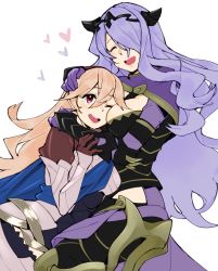 Rule 34 | 2girls, armor, blush, breast press, breasts, camilla (fire emblem), cape, cleavage, closed eyes, colorfag, commentary, corrin (female) (fire emblem), corrin (fire emblem), crown, fire emblem, fire emblem fates, ge-b, gloves, hair over one eye, hairband, heart, hug, large breasts, lips, long hair, multiple girls, nintendo, one eye closed, open mouth, pointy ears, smile, tiara, very long hair, wavy hair, white background