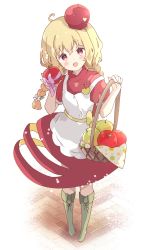 Rule 34 | 1girl, :d, ahoge, apple, apron, bad id, bad pixiv id, basket, blonde hair, blush, boots, braid, commentary, dress, food, food-themed clothes, frilled apron, frills, fruit, full body, green footwear, hair between eyes, highres, holding, holding basket, holding food, holding fruit, knee boots, long hair, open mouth, original, puffy short sleeves, puffy sleeves, red apple, red dress, red eyes, short eyebrows, short sleeves, smile, solo, standing, symbol-only commentary, thick eyebrows, tsukiyo (skymint), twin braids, white apron, white background