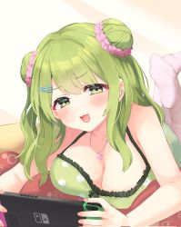 Rule 34 | 1girl, blush, breasts, camisole, cleavage, double bun, festa11307070, game console, green eyes, green hair, hair bun, hair ornament, hairclip, highres, jewelry, large breasts, long hair, looking at viewer, lying, morinaka kazaki, nail polish, necklace, nijisanji, nintendo switch, no shoes, on stomach, open mouth, smile, solo, tareme, virtual youtuber